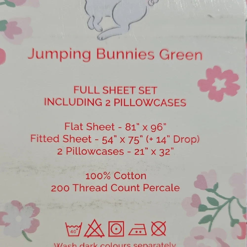 Cath Kidston Green Pink Bunny Floral Full Sheet Set 100% Cotton Spring Easter